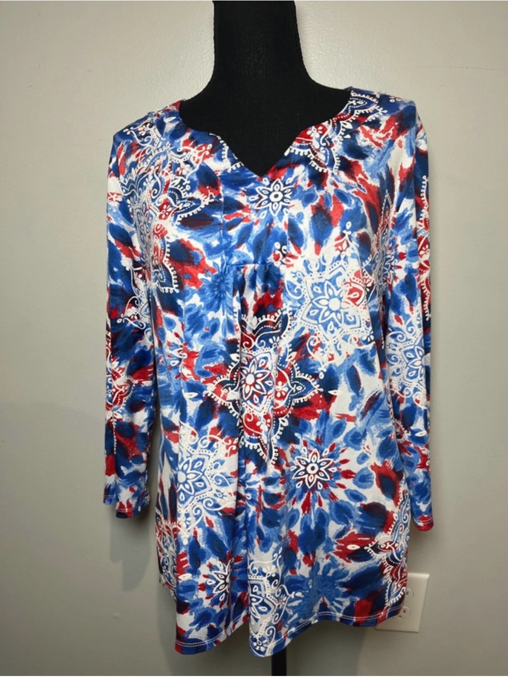 Ruby Rd. Red, Blue & White Printed Long Sleeve V-Notch Top